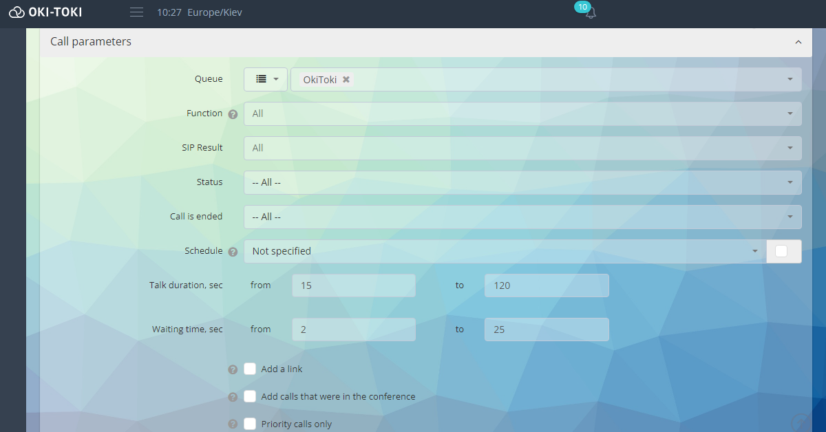 Інтерфейс панелі налаштування параметрів дзвінків у системі OKI-TOKI. Відображені фільтри для вибору черги (OkiToki), функції, результату SIP, статусу, завершення дзвінка та розкладу. Вказані параметри тривалості розмови (від 15 до 120 секунд) та часу очікування (від 2 до 25 секунд). Також є додаткові опції, такі як додавання посилання, облік дзвінків у конференції та пріоритетні дзвінки.