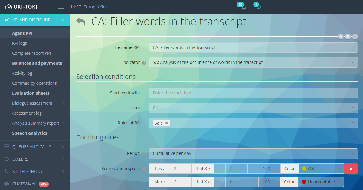 Інтерфейс налаштування KPI у системі OKI-TOKI для аналізу слів-паразитів у транскрипціях дзвінків. Видні поля для задання назви KPI, індикатора, умов вибору, таких як дата початку роботи, користувачі та правила. Розділи включають правила підрахунку балів, періоди накопичення даних та шкалу оцінки з кольоровою кодуванням (жовтий — “OK”, червоний — “Неприпустимо”). Відображені параметри для оцінки кількості слів-паразитів у транскрипції дзвінків, з можливістю задавання порогів і балів.