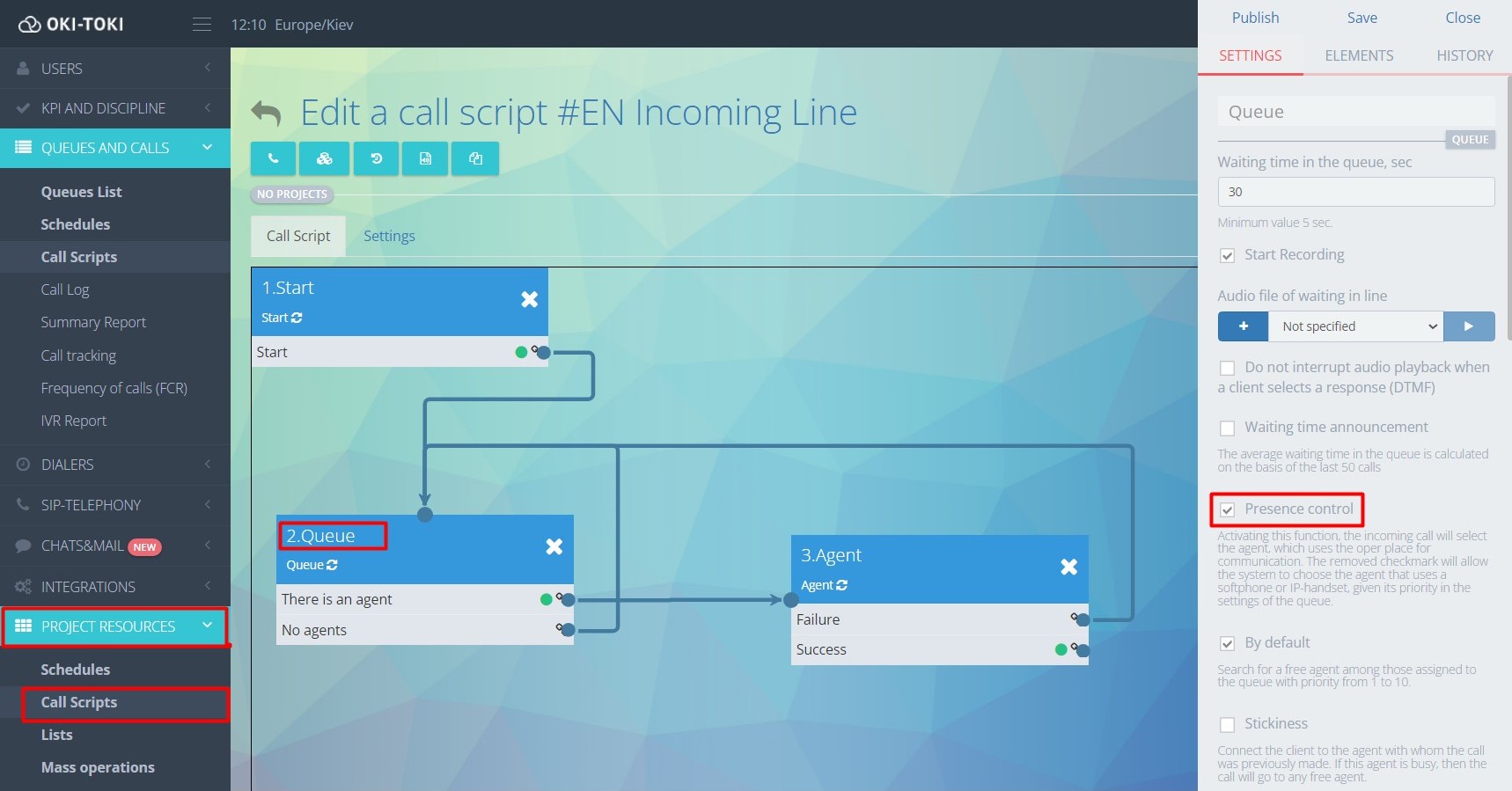 Configuración del guion de llamada