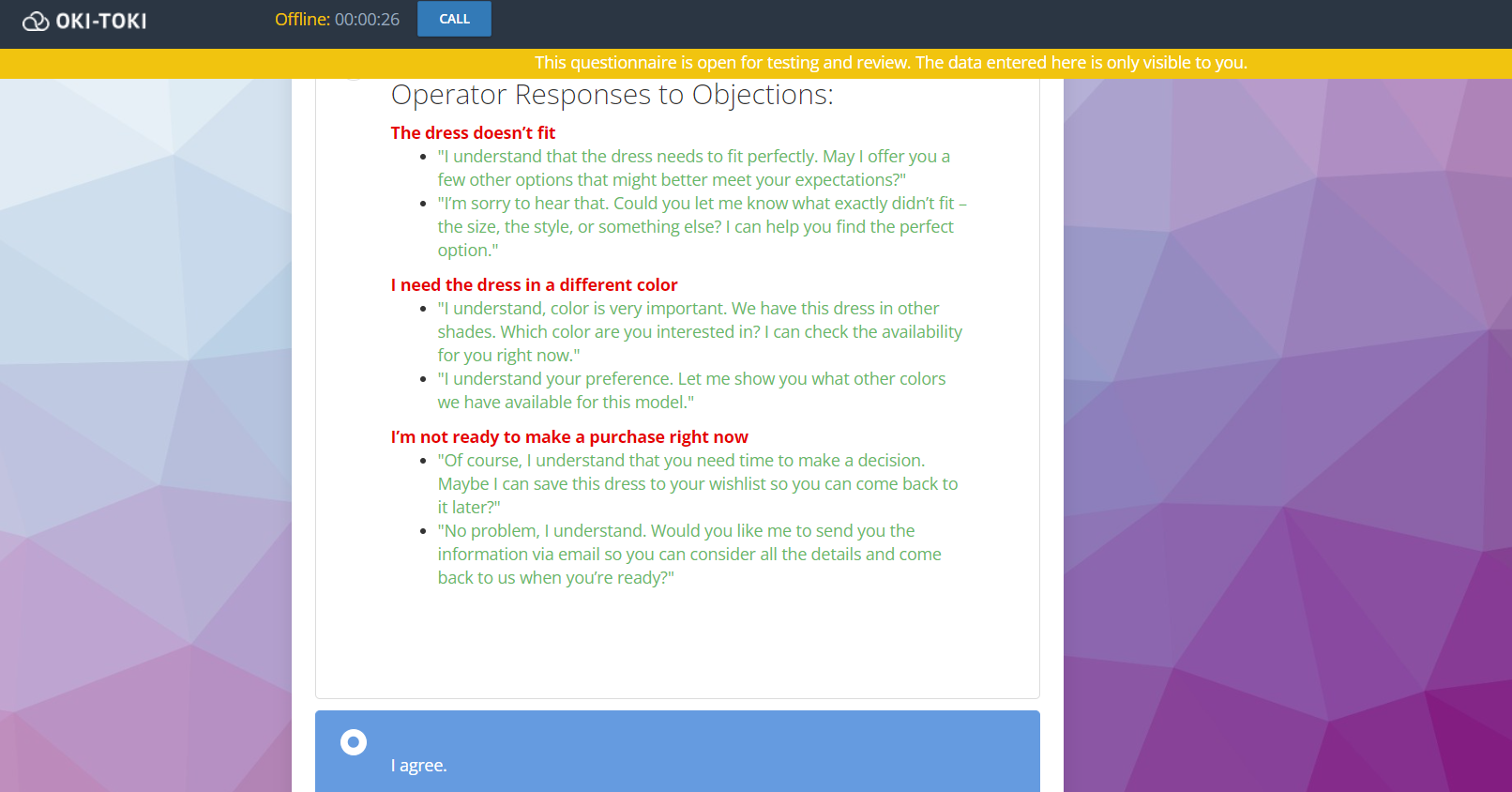 Sales script in Oki-Toki
