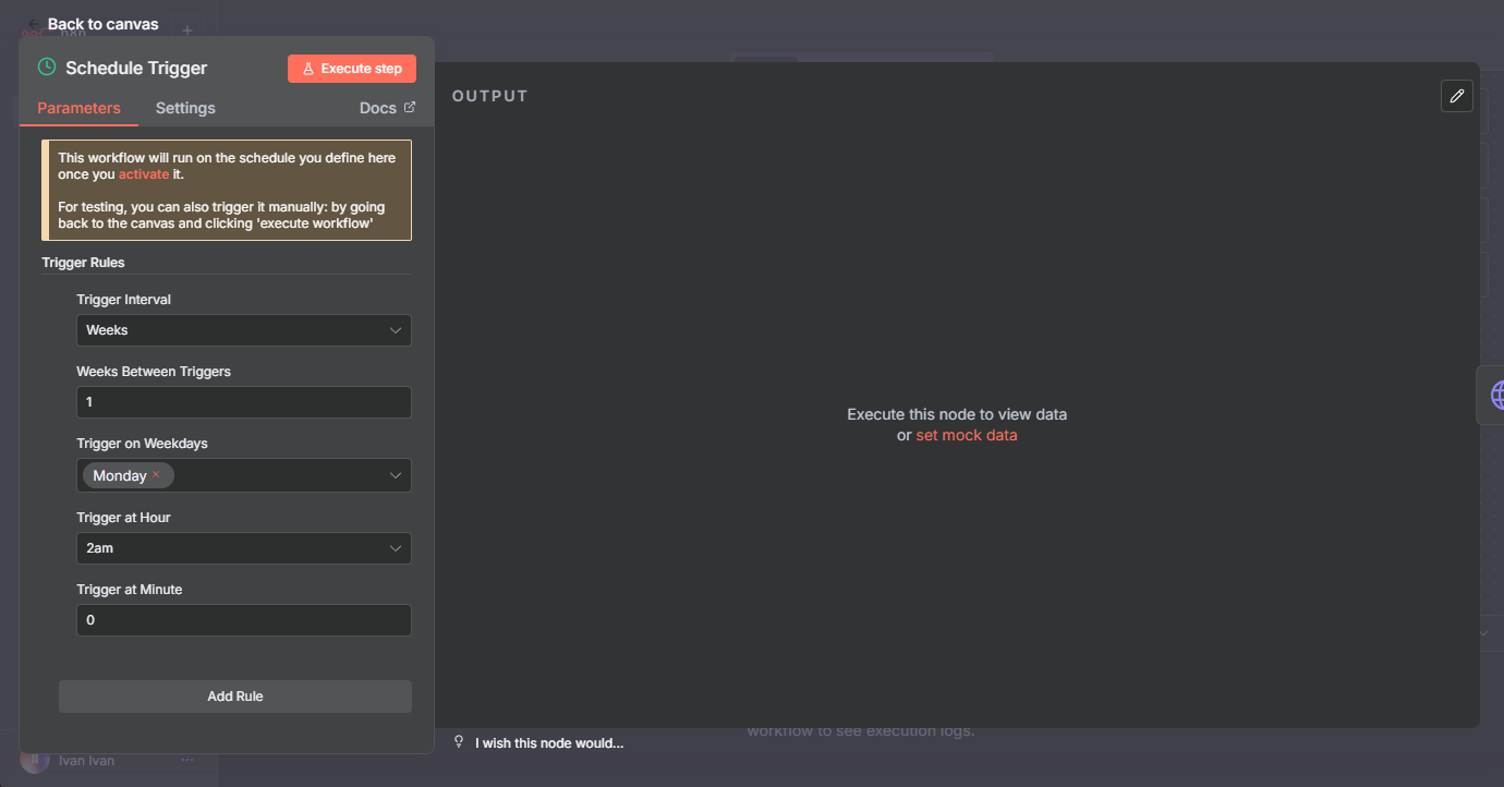 Налаштування Schedule Trigger.